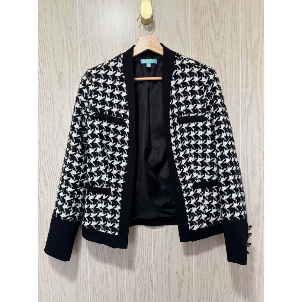 Fresh Twist Womens Houndstooth Open Front Blazer Metallic Gold Button Black S